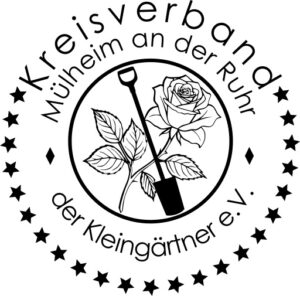 Logo des Kreisverbandes - Kreisförmig. In der Mitte ist eine Rose gekreuzt mit einem Spaten zu sehen. Die 23 Sterne symbolisieren die 23 Mitgliedsvereine.